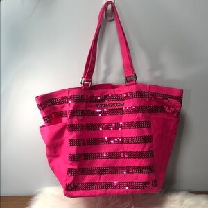 NWT VICTORIA SECRET Canvas Sequin Hot Pink Duffle Tote Bag NEW